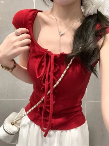 40 count pure cotton thread exposed clavicle pure desire lace-up short-sleeved T-shirt women's summer waist slimming red versatile top