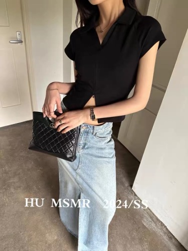 HUMSMR夏季新款韩版经典百搭气质纯色显瘦插肩袖拉链polo领T恤女