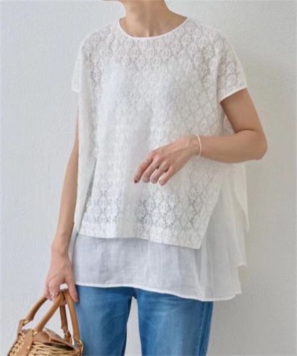 2024韩国夏季新款时尚圆领气质蕾丝拼接假两件薄款短袖衬衫女