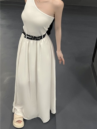 Real shot!  Elegant sloping shoulder sleeveless vest dress for women, high-end waist slimming mid-length skirt