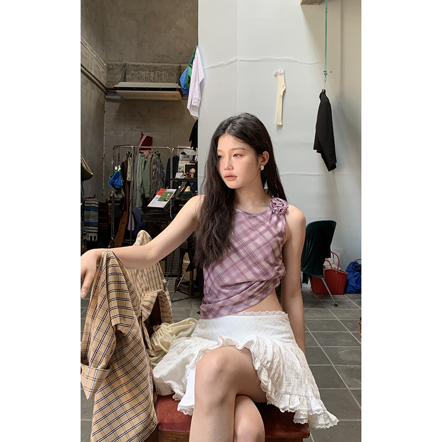 Hellooo Eat 粉色格紋背心2024韓版小眾設計感小花無袖上衣女