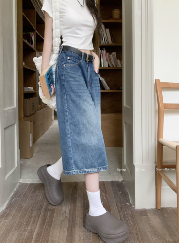 Actual shot ~ American retro high street jeans for women, high-waisted, slim, straight, wide-leg, cropped trousers