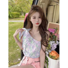 女裝設計感綁帶短款收腰褶皺復古氣質辣妹印花斜領露肩背心女夏