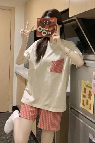 Actual shot of Korean style loose and comfortable cotton summer contrast color casual and comfortable home walking short-sleeved home clothes set