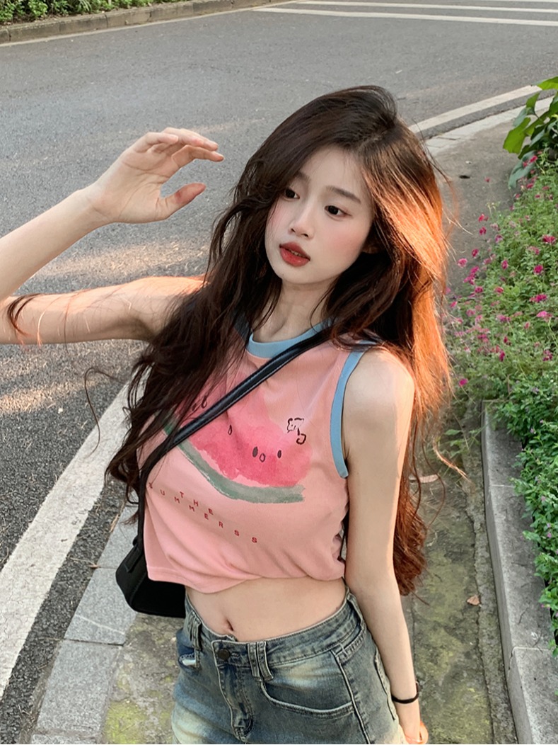 原創~實拍~多巴胺彩色穿搭無袖拼接背心女夏修身短款上衣