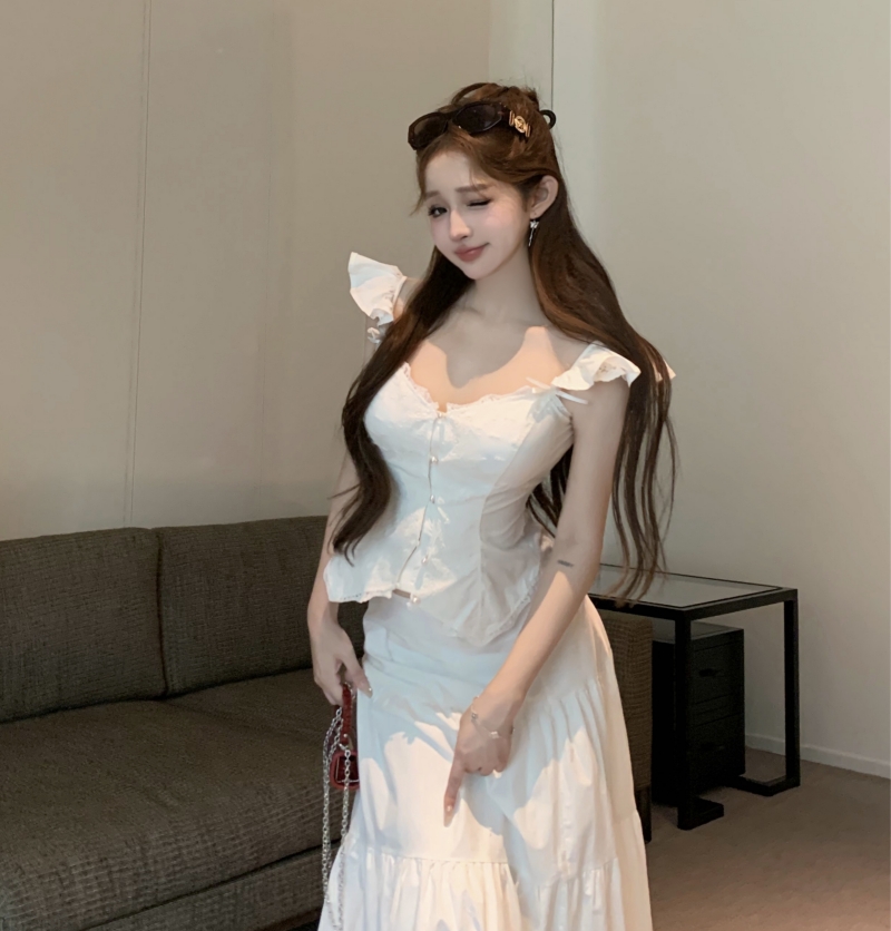 實拍 小飛袖波點印花吊帶女拼接蕾絲上衣