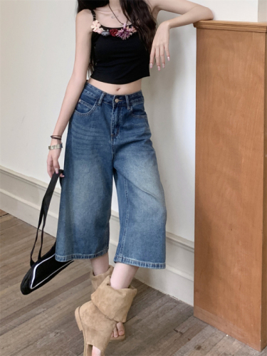 Actual shot ~ American retro high street jeans for women, high-waisted, slim, straight, wide-leg, cropped trousers