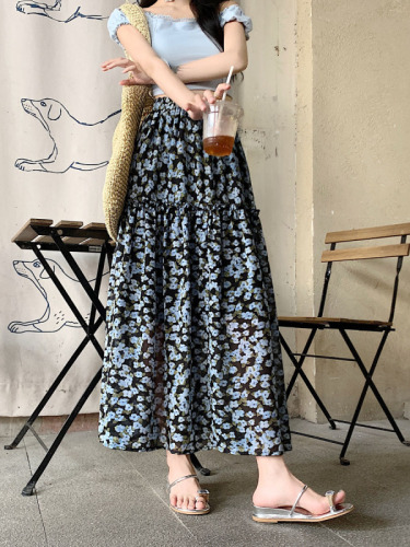 Actual shot ~ Temperament retro age-reducing floral skirt for women in summer, versatile, slimming and stylish A-line long skirt