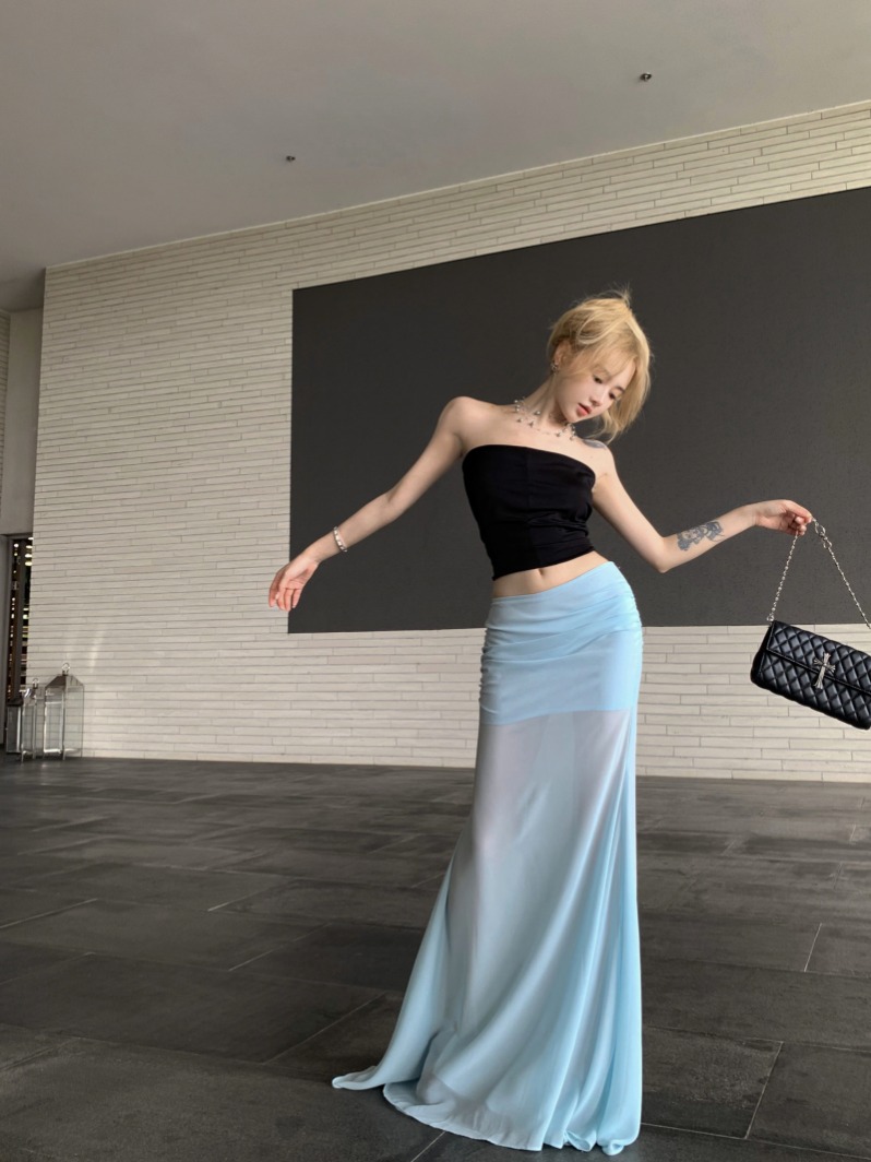 Photographed Black One-shoulder Bustier + Mermaid Muse Chiffon Net Gauze Hem Short Skirt Low-waist Fish Tail Dress