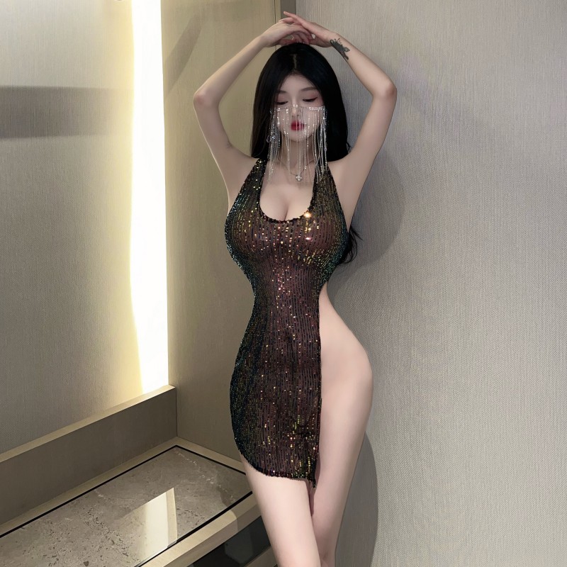 實拍~超辣高開叉不規則亮片DJ低胸吊帶性感夜店上衣女裝