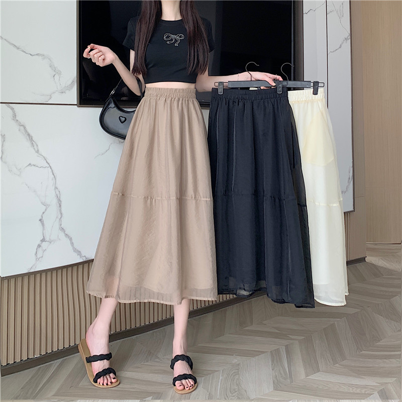 Real shot of high-waisted slim organza spliced ​​mid-length A-line skirt with wide hem