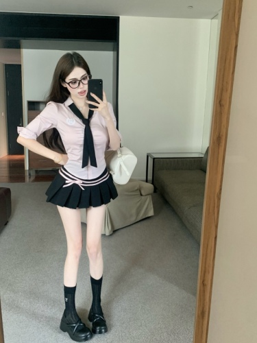 Real shot!  Hot school girl's basic versatile college style slim shirt pleated skirt suit two-piece set