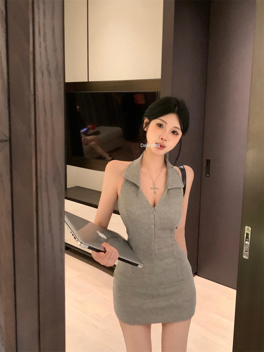 實怕辣妹時尚純欲設計感氣質翻領掛脖背心女高腰半身短裙套裝