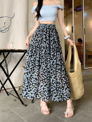 Actual shot ~ Temperament retro age-reducing floral skirt for women in summer, versatile, slimming and stylish A-line long skirt