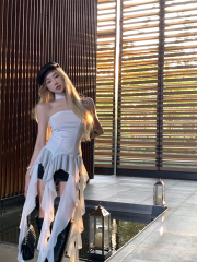 實拍  純欲不規則仙女飄逸荷葉邊設計感修身抹胸裙