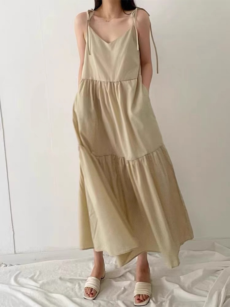 韓國chic夏季小眾慵懶風V領高腰顯瘦寬鬆休閒吊帶連衣裙長裙女