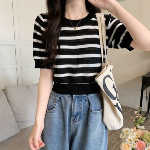 Summer thin hollow ice silk knitted top with stripes, straight shoulder short sleeve t-shirt for women, high-waisted short top