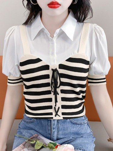 法式气质夏季新款韩系衬衣领拼接条纹系带假两件短袖泡泡袖上衣女