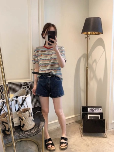 Short-sleeved women's t-shirt summer 2024 new women's Korean fashion American retro embroidered floral striped top women's trendy