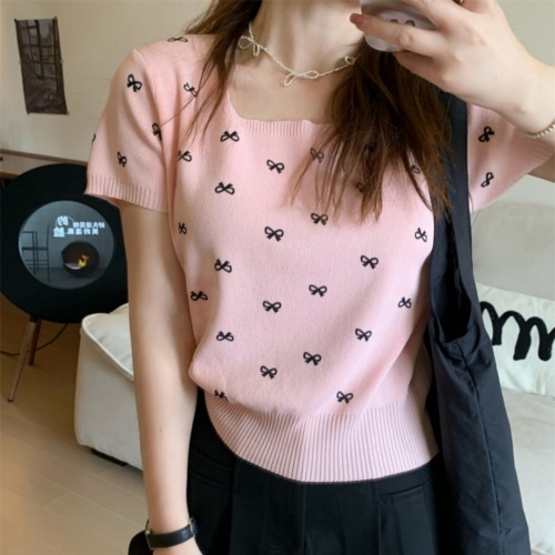 Bow knitted short-sleeved top for women summer new square collar temperament short gentle thin pullover T-shirt