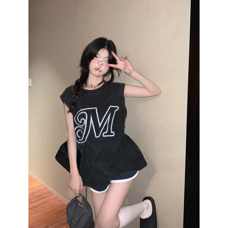 洗水棉夏季寬鬆休閒做舊美式嘻哈水洗做舊背心T恤女