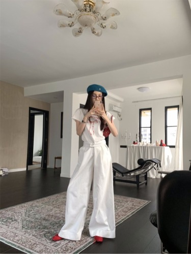 Actual shot Korean retro bow T-shirt versatile loose floor-length wide-leg pants suit