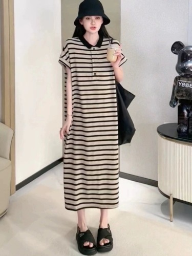 Polo collar striped dress women's 2024 summer Korean version loose and lazy style covers the flesh and looks slimming and drapey thin knitted long skirt