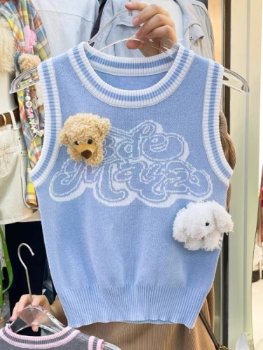 法式立体小熊兔子玩偶提花针织背心女士夏季设计感显瘦修身上衣潮