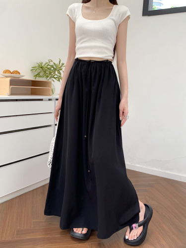 Actual shot ~ Hepburn style skirt for women summer new high waist slimming A-line skirt long slit skirt