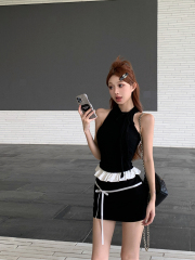 實拍復古性感顯瘦背心坎肩上衣+高腰撞色花邊拼接防走光短裙女