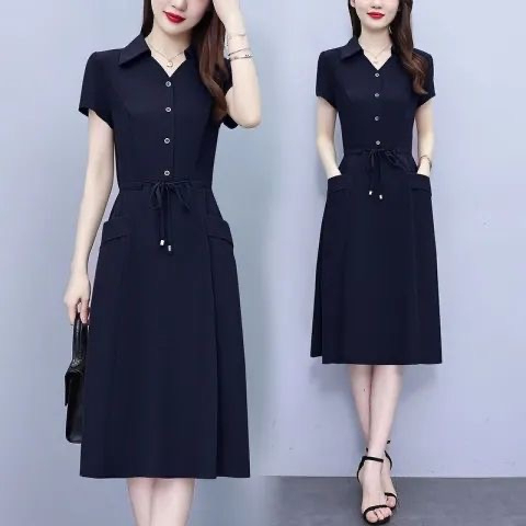 韩版大码时尚洋气短袖连衣裙女夏季新款收腰遮肚显瘦裙子