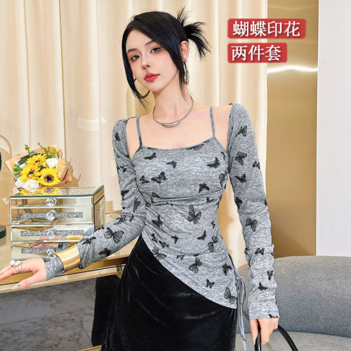 With chest pad - 2024 spring and summer new Korean style temperament printed butterfly cardigan suspender slim long-sleeved T-shirt two-piece set