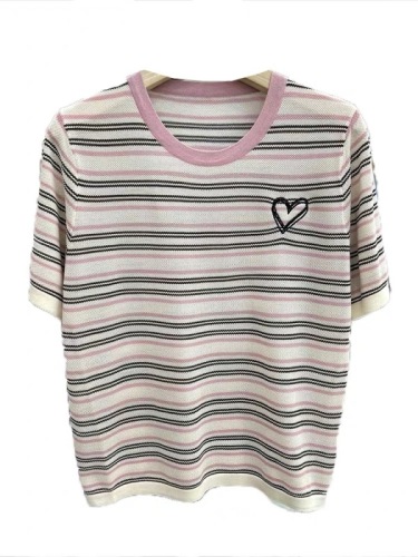 Sweet and cute contrasting color love striped lapel short-sleeved women's summer new slim and versatile age-reducing pullover top trendy