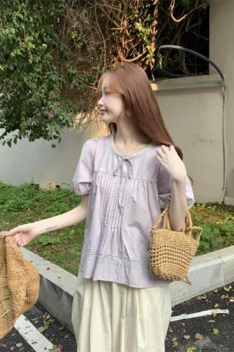 实拍~紫色韩系泡泡袖设计感小个子宽松衬衫夏季小众短袖衬衫