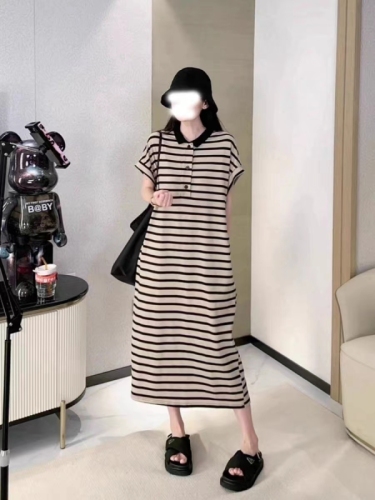 Casual age-reducing polo collar striped dress for women summer 2023 new style loose lazy slimming knee-length skirt