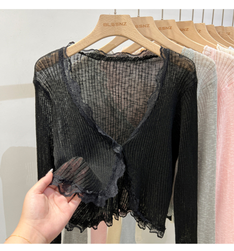 V-neck fungus edge ice silk knitted sunscreen cardigan for women summer thin outer matching skirt top shawl air-conditioning shirt