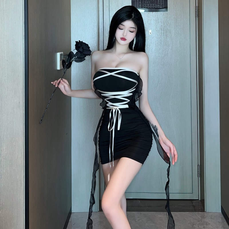 實拍~純欲辣妹抹胸港味緊身包臀綁繩設計感荷葉邊裹胸連衣裙女