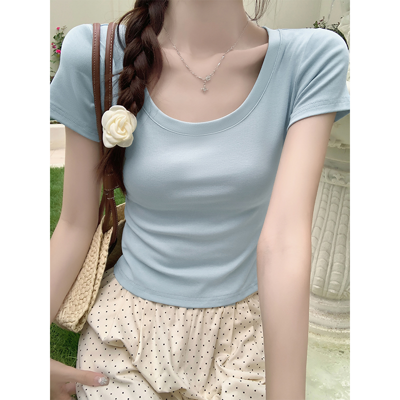 Real shot of pure cotton T-shirt with U-neck for women in summer, sweet and spicy dopamine outfit, slimming and beautiful top 