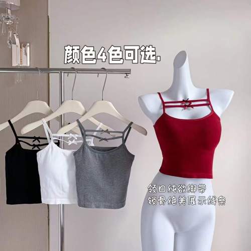 Solid color suspender bow vest outer wear 2024 summer new beautiful suspender bra all-in-one bottoming inner top