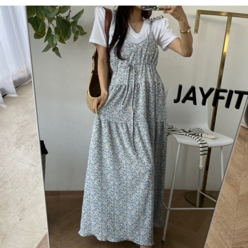 New suspender dress, high-end niche, waist-cinching floral skirt, sexy long skirt