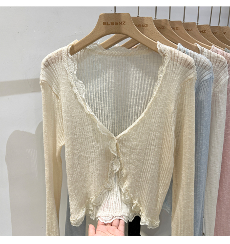 V-neck fungus edge ice silk knitted sunscreen cardigan for women summer thin outer matching skirt top shawl air-conditioning shirt