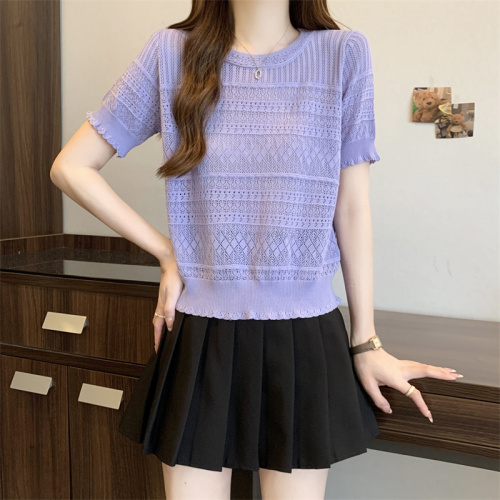 Korean chic summer sweet round neck pullover design hollow jacquard puff sleeve thin knitted sweater top for women