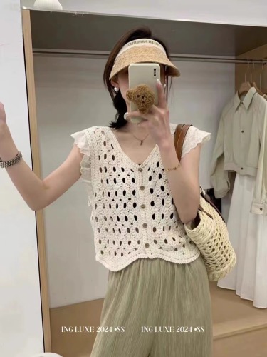 2024 summer new Korean style crochet empty lace fungus top loose sleeveless waistcoat vest for women