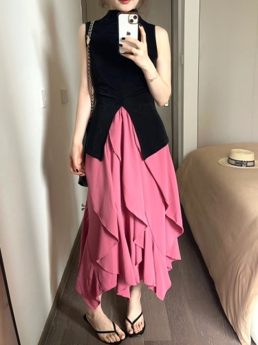 夏季新款今年流行漂亮御姐气质女神范上衣不规则粉红色半身裙套装
