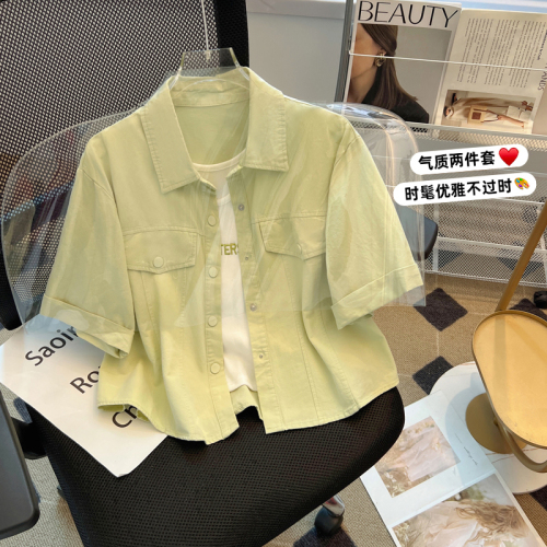 韩版洋气工装贴标短袖衬衫外套女夏+字母背心2件套别致显瘦甜辣妹