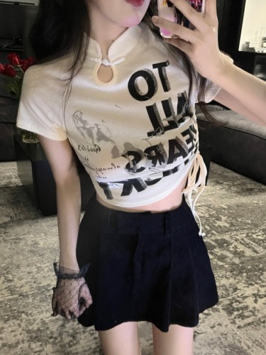 中国风短袖t恤女夏新款短款国潮设计感抽绳小众辣妹上衣