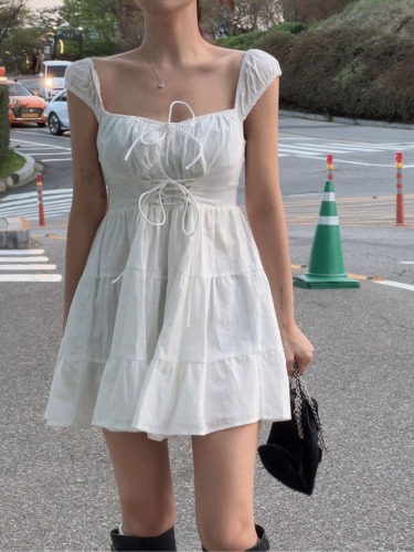 韩国chic复古修身白色连衣裙夏季甜美无袖背心裙