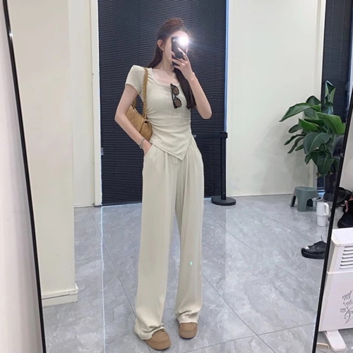 Original workmanship design, irregular slim-fitting short-sleeved T-shirt, trousers for small people, two-piece casual suit