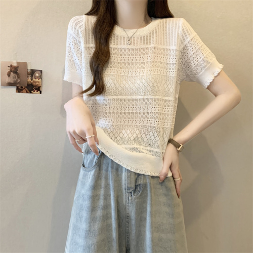 Korean chic summer sweet round neck pullover design hollow jacquard puff sleeve thin knitted sweater top for women