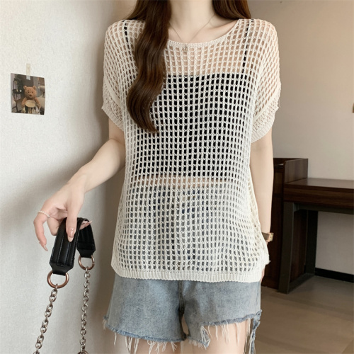 French hollow ice silk short-sleeved knitted outer blouse for women summer thin loose air-conditioned sun protection with suspender top